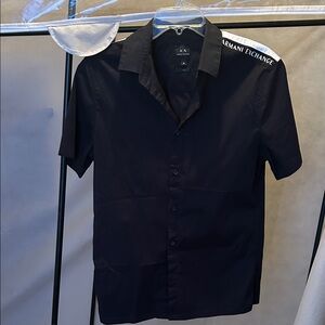 Armani Exchange Black Short-Sleeve Button Down Shirt with White Shoulder Logo